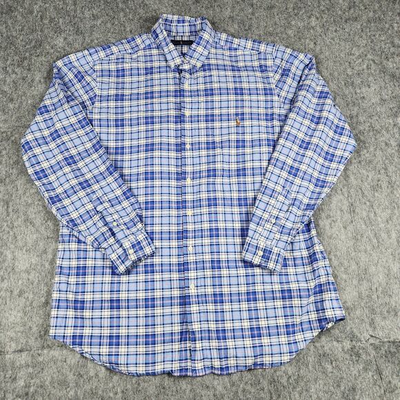 Ralph Lauren Shirt Men XLT Blue Button Plaid Flesh Pony Long Sleeve Casual Tall - Picture 2 of 11